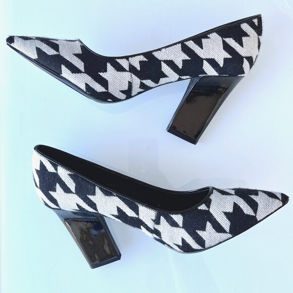 Vintage Nine West Fabric Houndstooth Architectural Patent Leather Heel M… - Picture 12 of 16